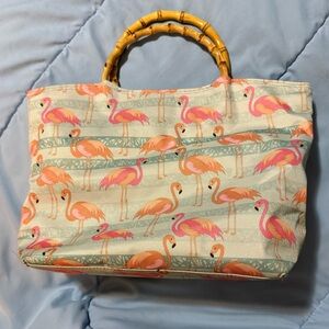 Flamingo Print Tote/Lunch Bag with Bamboo Handles - Pink, Blue & Peach